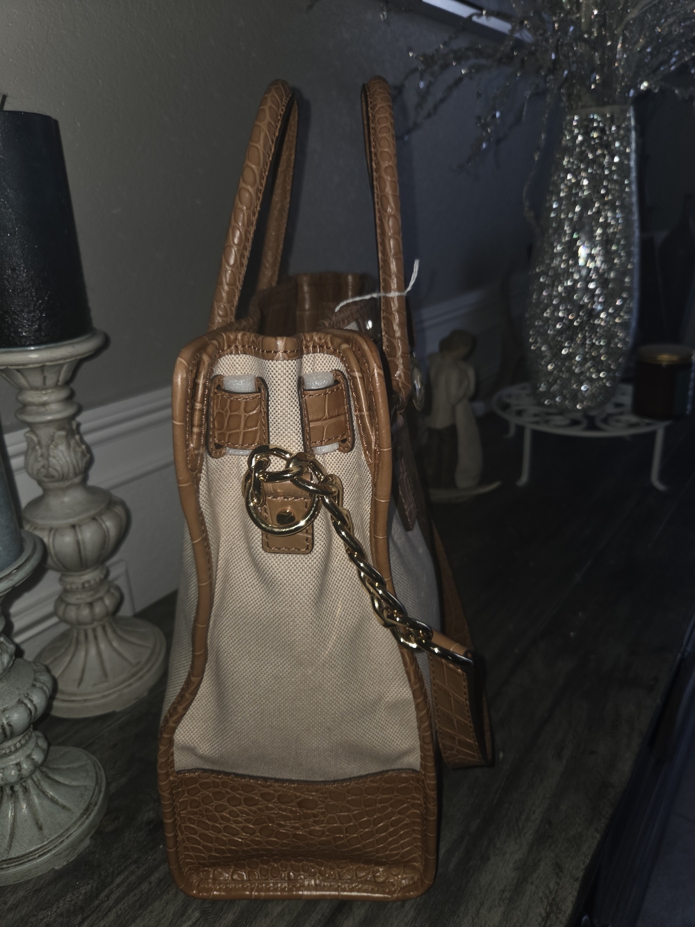 Michael Kors Tan Croc-Accent Canvas Tote Bag Perfect For A Laptop. - Picture 2 of 15